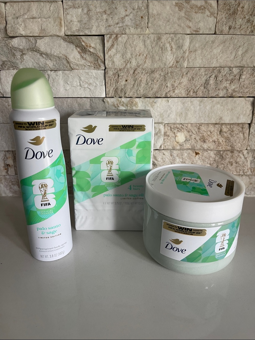 Brand new! $28 Dove Pablo Santo & Sage Oil Body Scrub + Body Spray + Soap